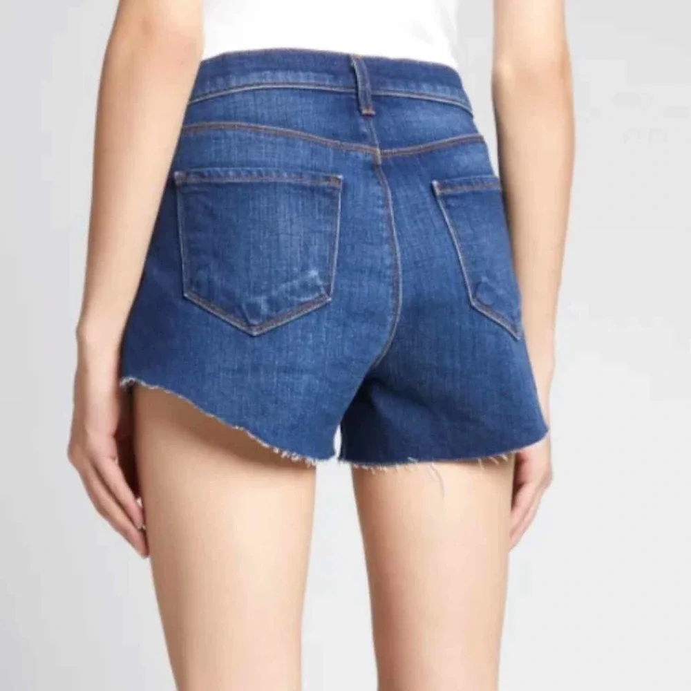 L’AGENCE Audrey Mid Rise Blue Denim Raw Hem Fray Short Size 25